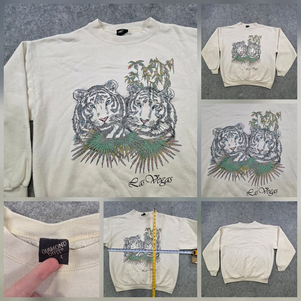VTG White Tiger Las Vegas Diamond Dust Crewneck Sweatshirt Adult Large 80s 90s‎